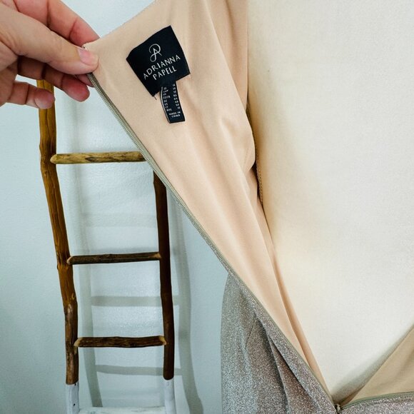 ADRIANNA PAPELL Gold Maxi Glitter Knit Lined Formal Gown Women SZ 14 Champagne - Picture 10 of 15